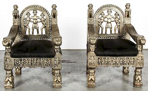 Pair of Carved and Hammered Metal Throne Chairs