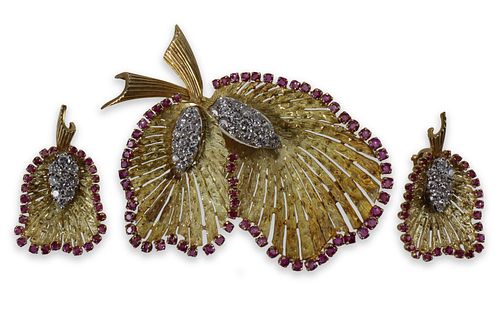 Diamond & Ruby Brooch and Earring Suite