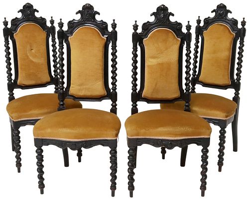 (4) FRENCH EBONIZED & UPHOLSTERED SIDE CHAIRS