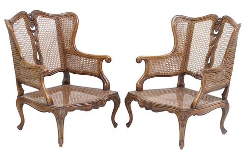 (2) FRENCH LOUIS XV STYLE CANED WINGBACK FAUTEUILS
