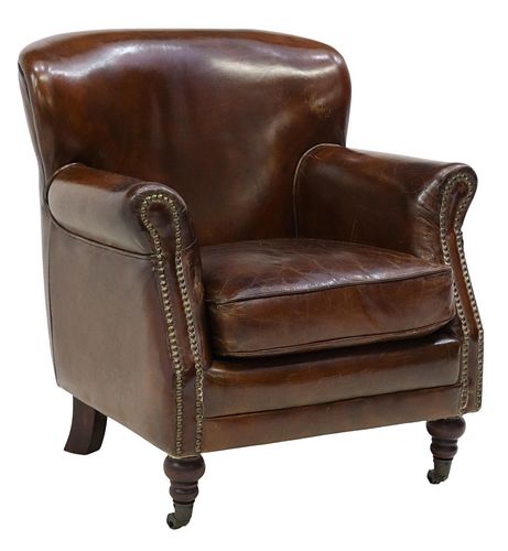 FRENCH BROWN LEATHER UPHOLSTERED LOW CLUB CHAIR