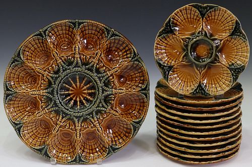 (13) FRENCH SARREGUEMINES MAJOLICA OYSTER SERVICE