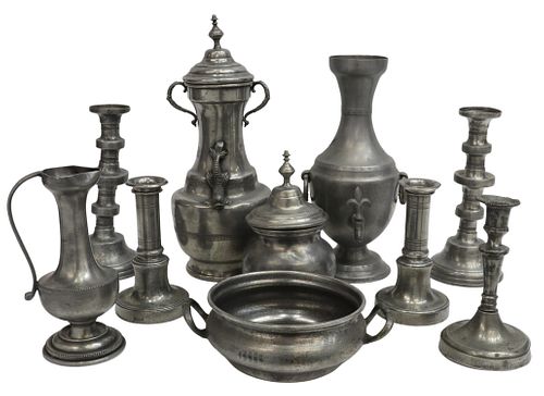 (10) FRENCH PEWTER CANDLESTICKS & TABLEWARES