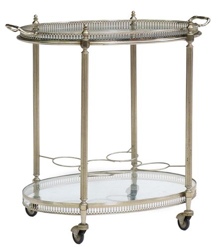 FRENCH SILVER-TONE METAL & GLASS SERVICE CART