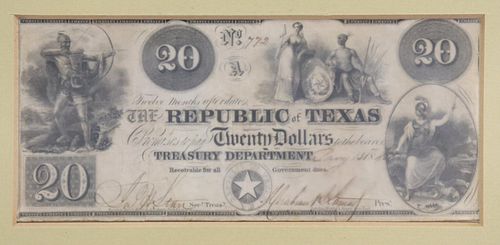 REPUBLIC OF TEXAS CURRENCY, $20 NOTE, 1840