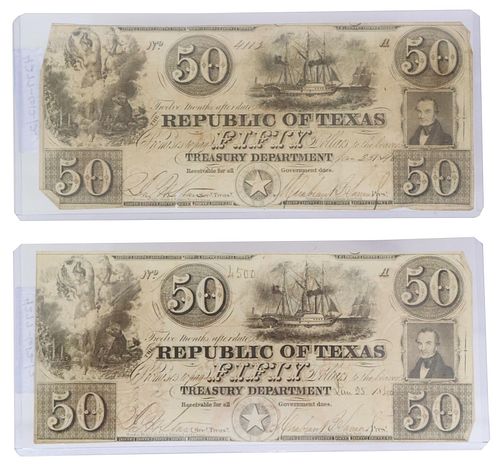 (2) REPUBLIC OF TEXAS CURRENCY, $50, 1840 SIGNED