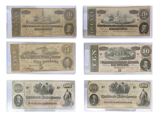 (6) CONFEDERATE CURRENCY, $100, $20, $10, $5