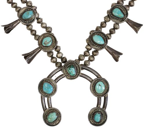 NATIVE AMERICAN TURQUOISE SQUASH BLOSSOM NECKLACE