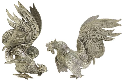 (2) ITALIAN SILVERED BRONZE FIGHTING ROOSTERS