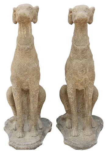 (2) CAST STONE FRENCH HUNTING DOGS GARDEN STATUARY