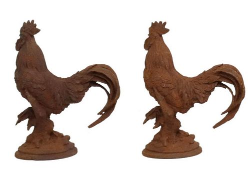 (2) CAST IRON ROOSTER GARDEN STATUES, 15.5"H
