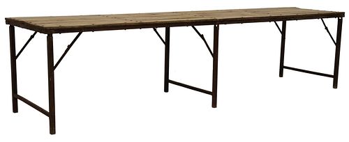 LARGE RUSTIC PLANK-TOP CAST IRON TABLE, 120"L