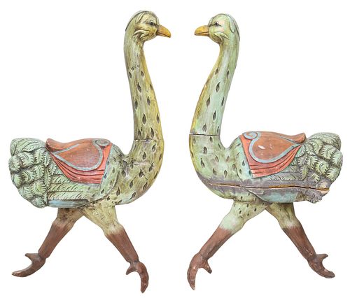 (2) AMERICAN CAROUSEL-STYLE PAINTED WOOD OSTRICHES