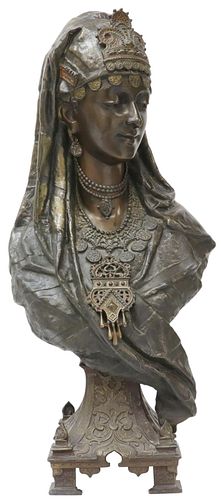 ORIENTALIST PATINATED METAL BUST OF JEWELLED LADY