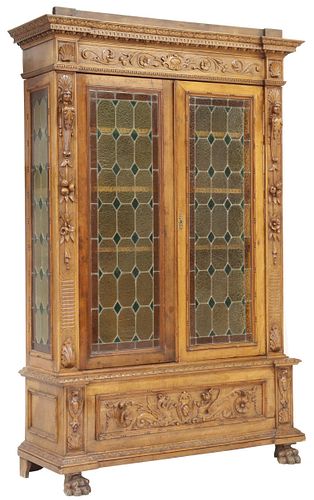 ITALIAN RENAISSANCE REVIVAL STAINED GLASS BOOKCASE