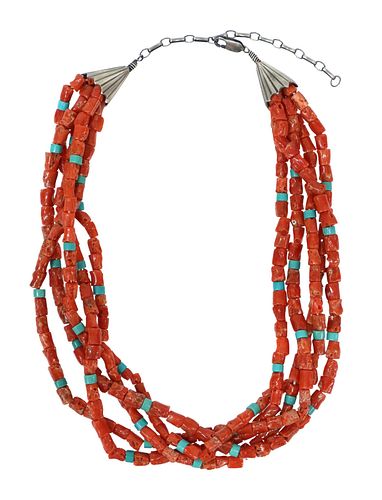 SOUTHWEST STYLE RED CORAL & TURQUOISE NECKLACE