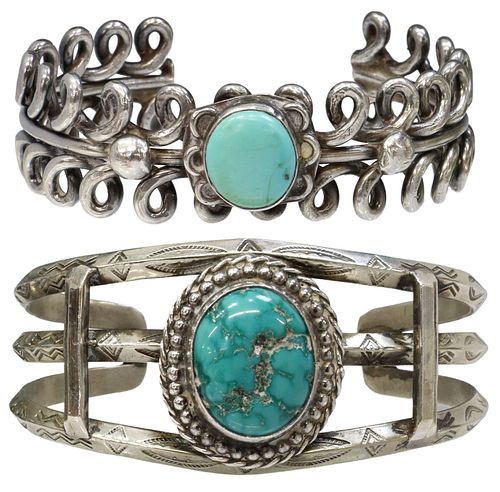 (2) SOUTHWEST STYLE SILVER & TURQUOISE CUFFS