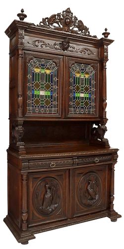 FRENCH CARVED OAK & STAINED GLASS HUNT SIDEBOARD