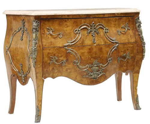 LOUIS XV STYLE MARBLE-TOP BURLED WALNUT COMMODE