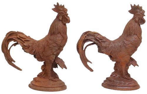 (2) CAST IRON ROOSTER GARDEN STATUES, 15.5"H