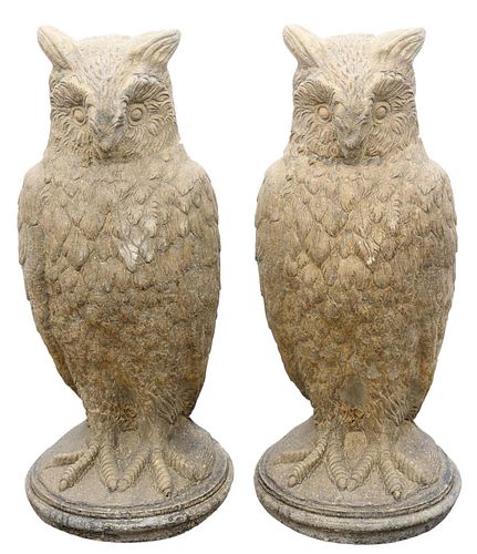 (2) CAST STONE GARDEN STATUARY OWLS, 28"H