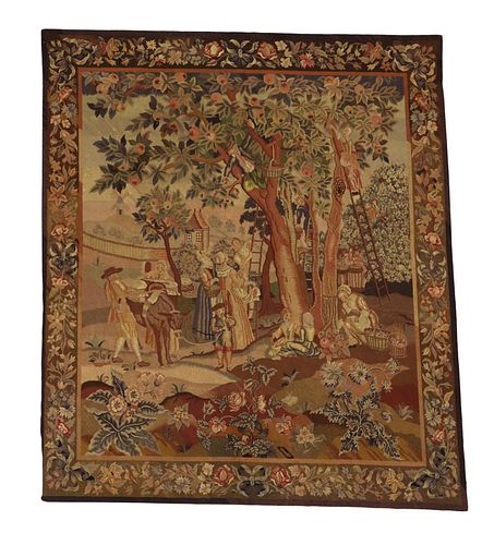 ROCOCO STYLE WOVEN FIGURAL FRUIT HARVEST TAPESTRY
