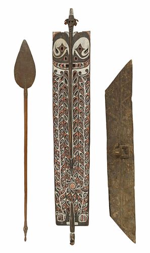 (3) GROUP OF TRIBAL CARVED WOOD SHIELDS & SPEAR