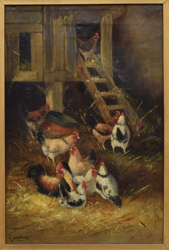 SIGNED H. GUSTIN OIL PAINTING CHICKENS IN HENHOUSE
