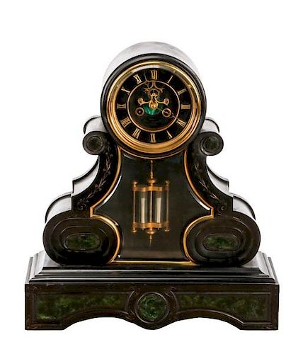 French Slate & Malachite Mantle Clock, 19th C.
