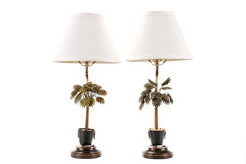 Pair of Matching Tole Painted Palm Tree Lamps