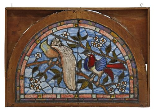 ARCHITECTURAL STAINED GLASS LUNETTE WINDOW BIRDS