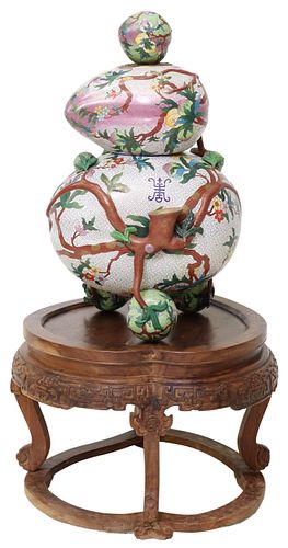 MONUMENTAL CHINESE CLOISONNE PEACH CENSER ON STAND