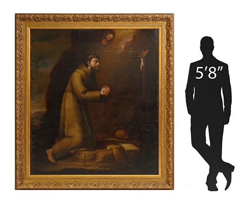 SIGNED PAINTING ST FRANCIS ADORING THE CRUCIFIX