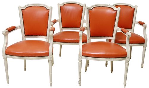 (4) LOUIS XVI STYLE PAINTED & LEATHER FAUTEUILS