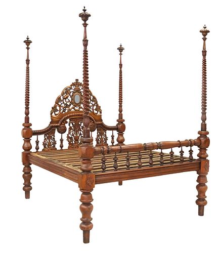 BRITISH COLONIAL CARVED ROSEWOOD FOUR POSTER BED