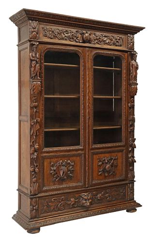 FRENCH CARVED OAK ARTS & SCIENCES LIBRARY BOOKCASE