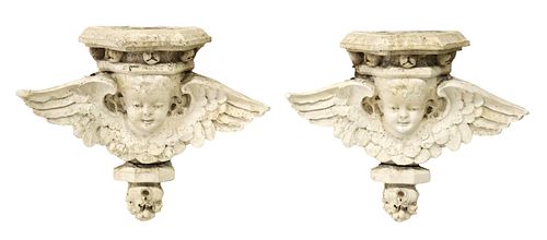 (2) ARCHITECTURAL CAST PLASTER ANGEL WALL BRACKETS