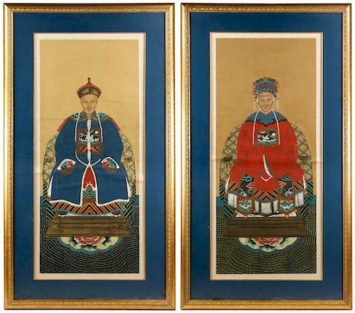 Pair, Large Chinese Ancestral Portraits on Silk
