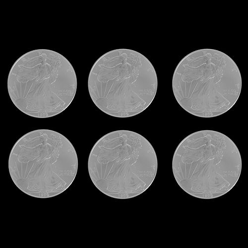 Six 1999 US $1 Silver Eagle Coins
