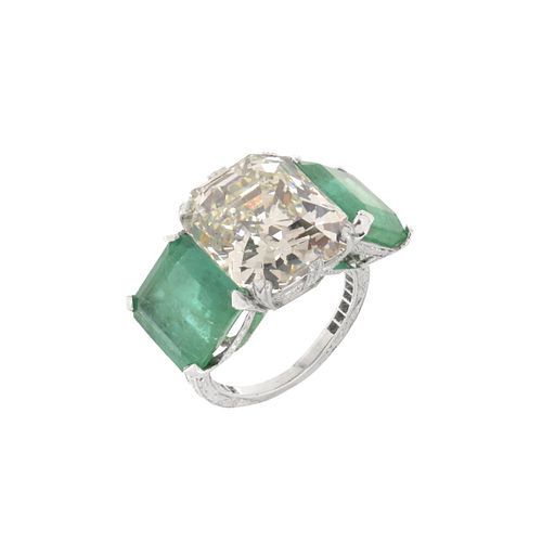 Deco Diamond, Emerald and Platinum Ring