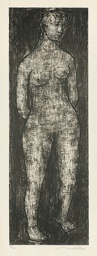Richter, Hans Theo Stehender Damenakt. Lithographie auf Bütten. 40,8 x 13,7 cm (53,7 x 25,2 cm). Signiert und nummeriert. Unter Passepartout montiert 