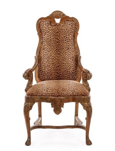 Carved & Stained Italian Upholstered Armchair