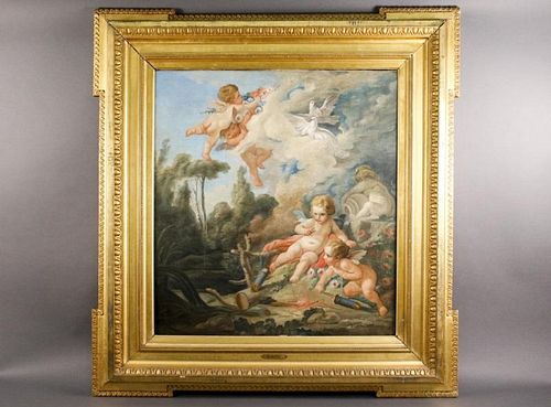 Manner of Francois Boucher, "Putti with Doves" Oil