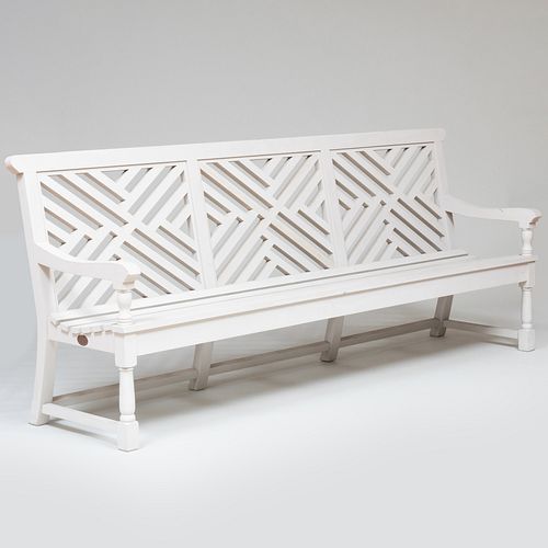 Large English Pale Grey Painted Garden Bench, by Andrew Crace 