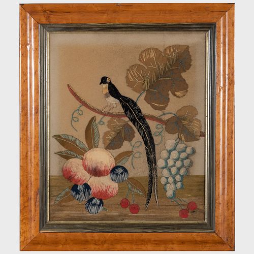 American Victorian Fabric Appliqued Bird Amidst Fruit Panel, Framed