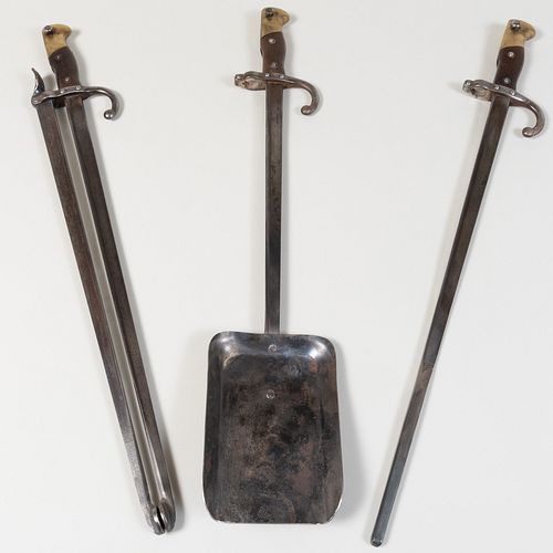 Set of Brass and Steel Fireplace Tools with Bayonet Handles