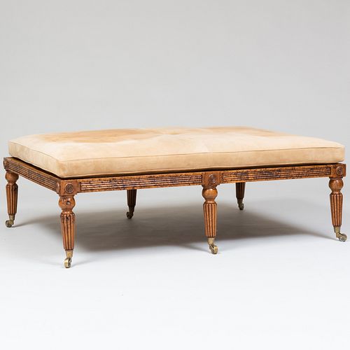 Regency Style Burl Oak, Caned and Suede Upholstered Low Table