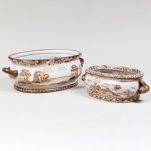 Two Chinese Porcelain Sepia Decorated Foot Baths