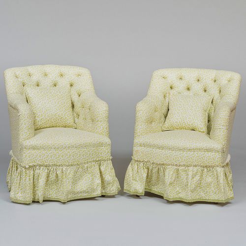 Pair of Colefax and Fowler Tufted Upholstered Armchairs