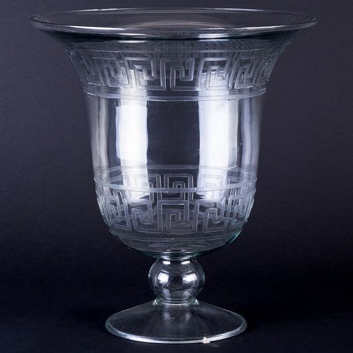 Large Etched Glass Urn with a Greek Key Pattern